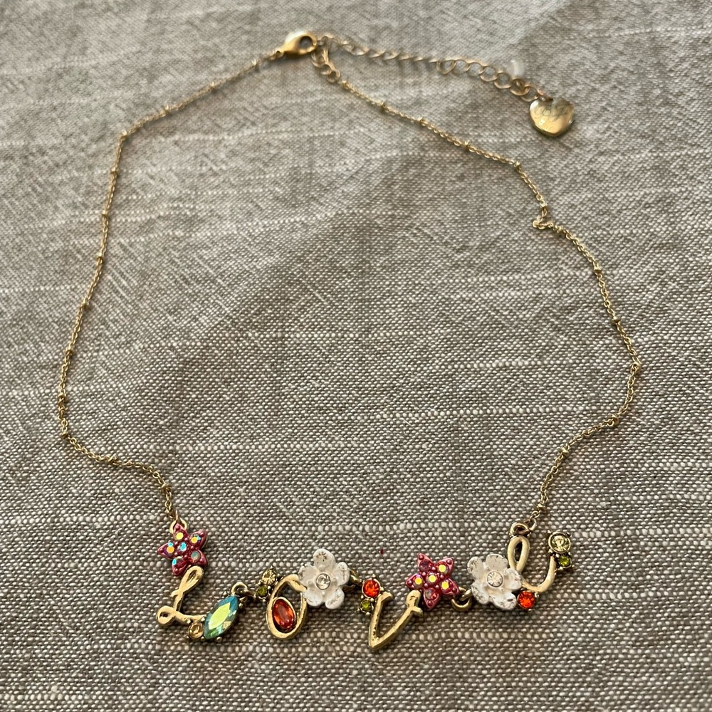 Vintage Betsey Johnson Gold and Pink Love Necklace with Nature-Inspired Charms - Picture 9 of 12